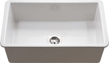 Houzer Platus White Fireclay Undermount Single Bowl Kitchen Sink with Basket Strainer and Basin Grid Included